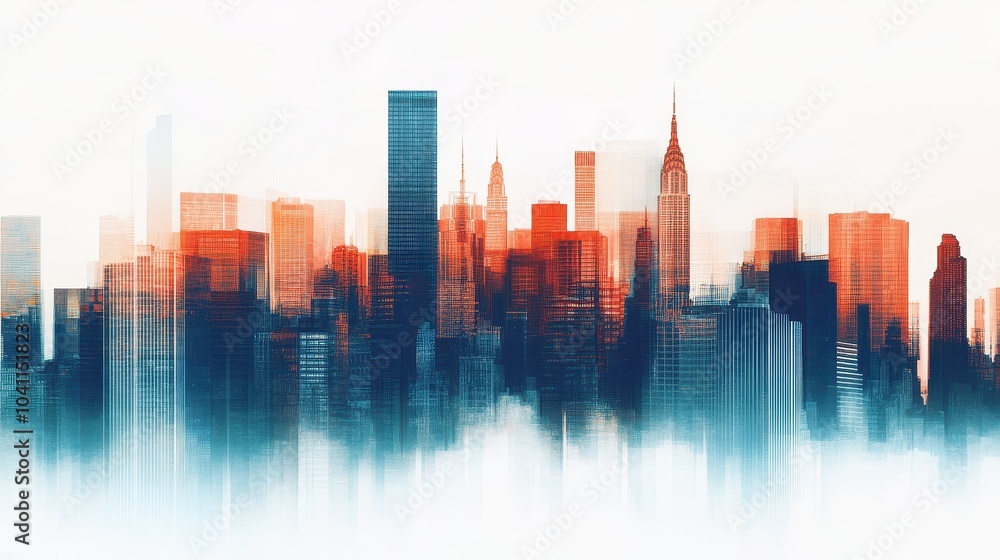 Fototapeta premium A captivating abstract skyline with soft hues of orange and blue, creating a dreamy urban atmosphere.