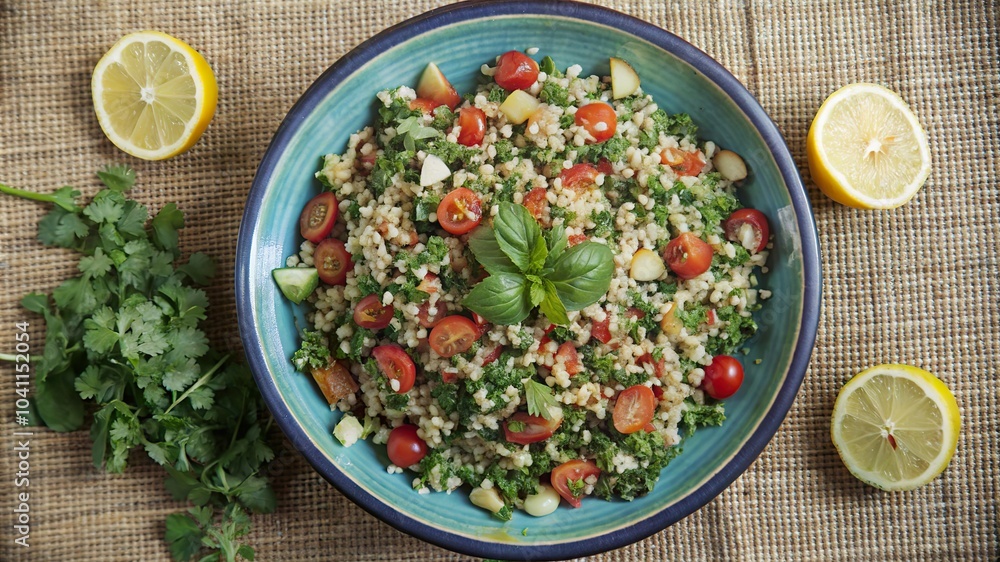 Colorful tabbouleh salad with tomatoes, cucumbers, and fresh herbs, served in a blue bowl with lemon slices Colorful tabbouleh salad with tomatoes, cucumbers, and fresh herbs, served in a blue bowl with lemon slices