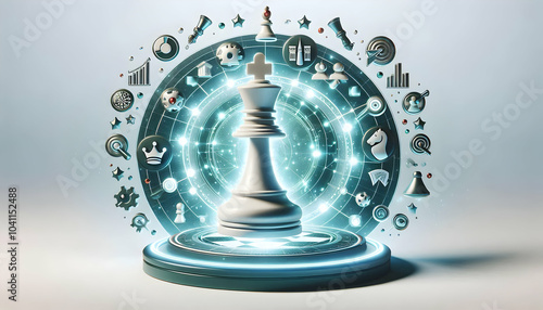 3D Floating Chess Piece Glowing Strategy Symbols Concept Mastery Decision Making Innovation Icon Isolated White Background Chess Tactics Strategic Moves 3D Visualization