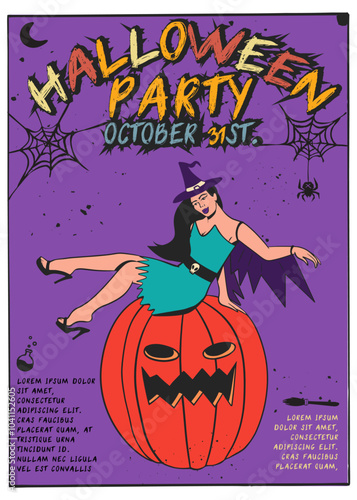 Halloween party poster with lettering featuring a woman in a bat costume sitting gracefully on a huge pumpkin, vector illustration retro style.