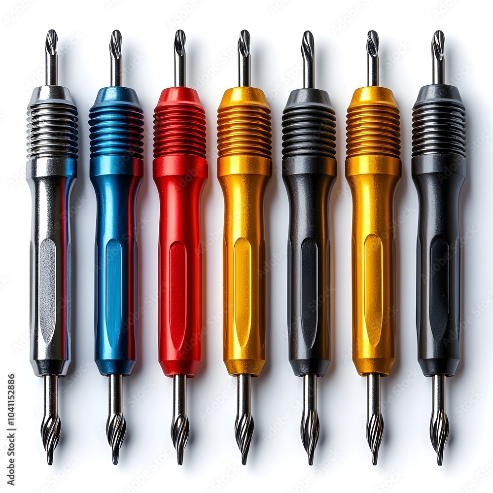 Collection of various screwdrivers and automotive parts such as nuts bolts and washers neatly arranged and isolated on a clean white background Collection of various screwdrivers and automotive parts such as nuts bolts and washers neatly arranged and isolated on a clean white background