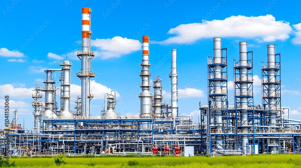 Industrial Plant with Tall Chimneys Against Blue Sky and White Clouds Industrial Plant with Tall Chimneys Against Blue Sky and White Clouds