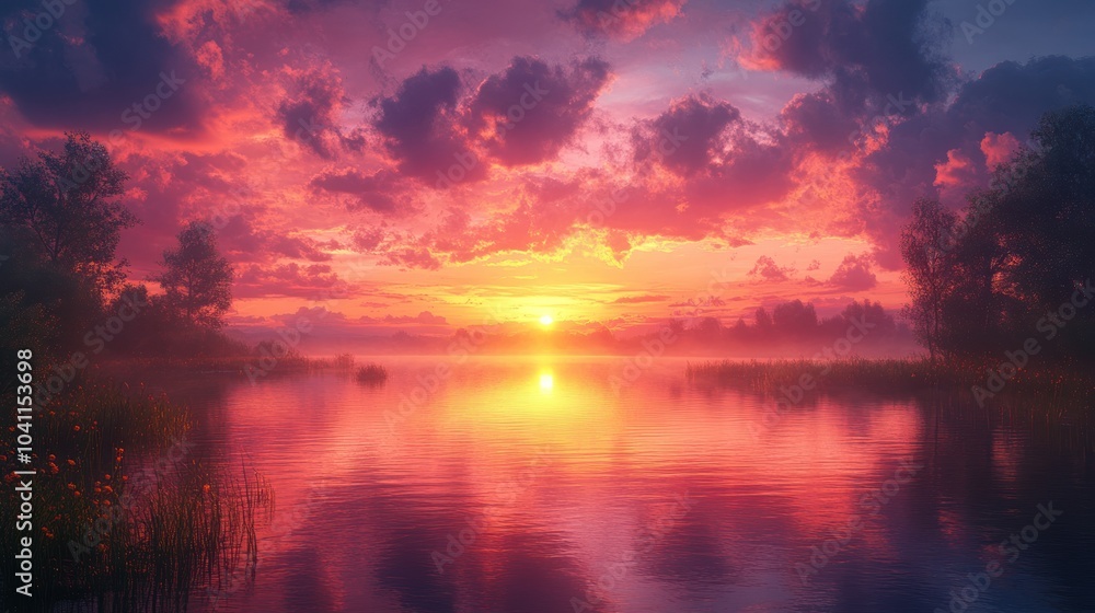 Serene sunset over a tranquil lake with colorful clouds. Serene sunset over a tranquil lake with colorful clouds.