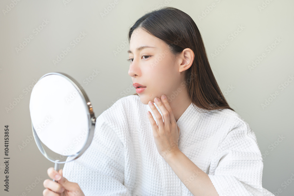 Expression worry asian young woman hand touching pustule around the chin and mouth, allergic when wear mask, makeup, show squeezing pimple spot from face. Beauty care, skin problem by acne treatment. Expression worry asian young woman hand touching pustule around the chin and mouth, allergic when wear mask, makeup, show squeezing pimple spot from face. Beauty care, skin problem by acne treatment.