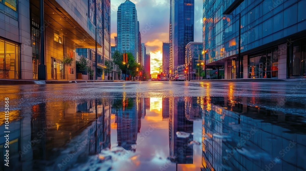 Post-rain skyscraper reflections in a glassy puddle, creating a stunning, surreal urban scene with modern architecture Post-rain skyscraper reflections in a glassy puddle, creating a stunning, surreal urban scene with modern architecture