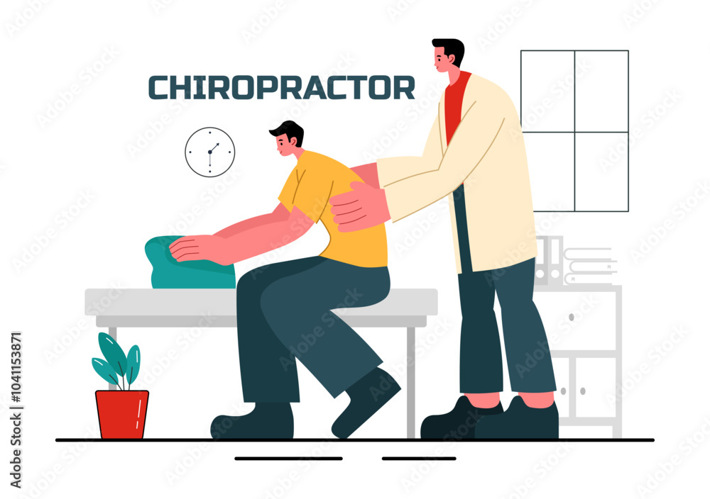 Chiropractor Vector Illustration of a Patient Undergoing Physiotherapy Rehabilitation with an Osteopathy Specialist and Receiving Natural Treatment Chiropractor Vector Illustration of a Patient Undergoing Physiotherapy Rehabilitation with an Osteopathy Specialist and Receiving Natural Treatment