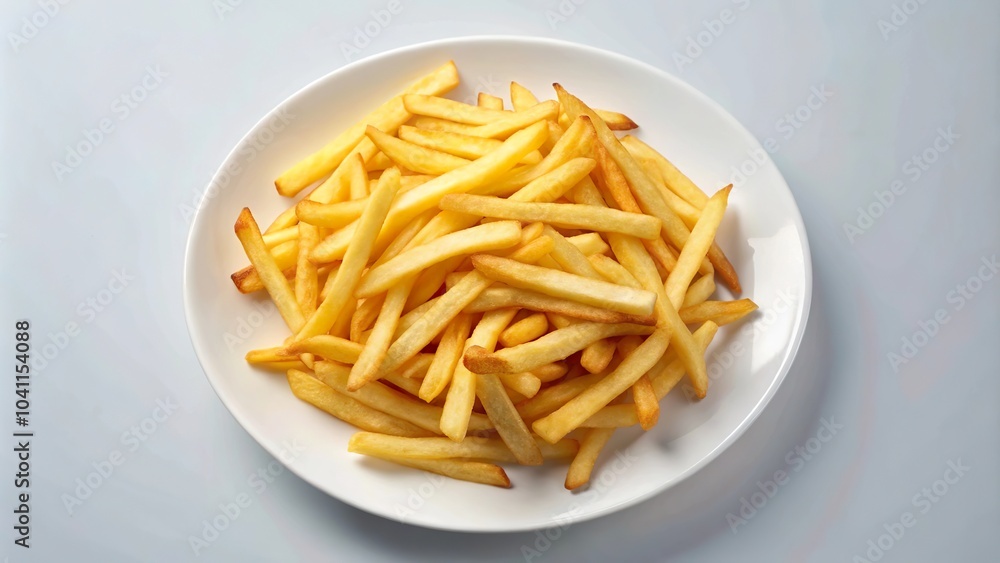 Crispy golden French fries served in a white plate ready to enjoy at a casual dining setting Crispy golden French fries served in a white plate ready to enjoy at a casual dining setting