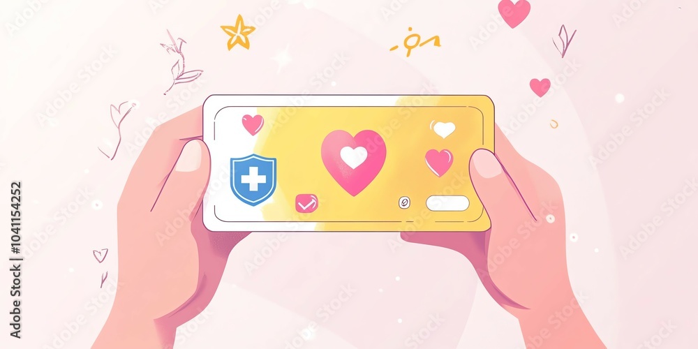 Health insurance card with cute icons, hand holding, flat design illustration Health insurance card with cute icons, hand holding, flat design illustration