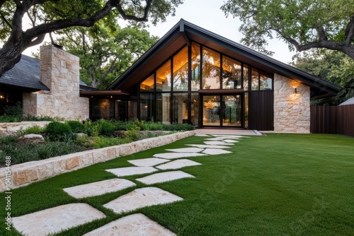 Luxury house exterior showcasing sustainable features with striking texture contrasts for a modern aesthetic.