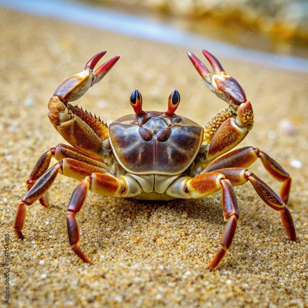 A close-up of a crab on the sandy beach, its textured shell blending with the grains of sand, and intricate details of its legs and eyes visible against the natural backdrop. A close-up of a crab on the sandy beach, its textured shell blending with the grains of sand, and intricate details of its legs and eyes visible against the natural backdrop.