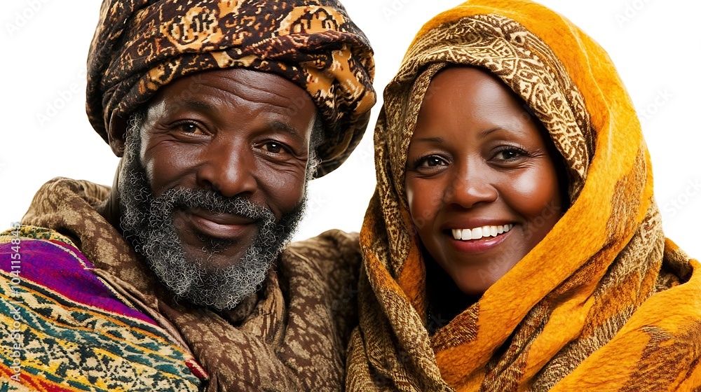 A man and woman are smiling for the camera. The man is wearing a turban and the woman is wearing a scarf A man and woman are smiling for the camera. The man is wearing a turban and the woman is wearing a scarf