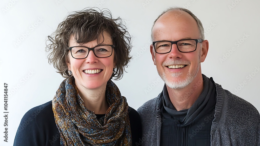 A man and a woman are smiling for the camera. The man is wearing glasses and the woman is wearing a scarf A man and a woman are smiling for the camera. The man is wearing glasses and the woman is wearing a scarf