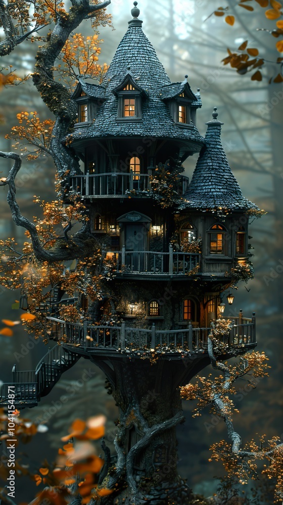 Obraz premium Enchanted Treehouse in a Misty Forest - Fantasy Architecture