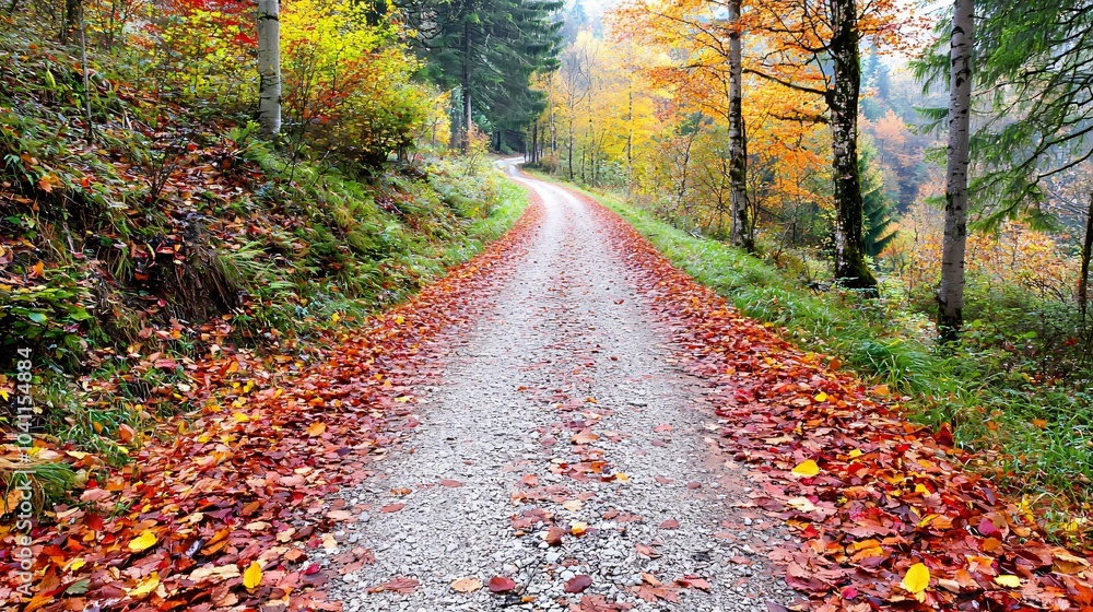Obraz premium Serene Autumn Pathway Surrounded by Vibrant Foliage and Tranquil Nature
