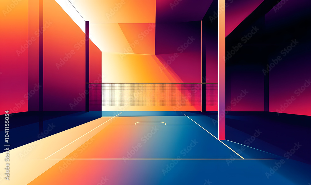 Fototapeta premium Dynamic Volleyball Action with Neon Lights and Abstract Geometric Patterns for Futuristic Sports Branding
