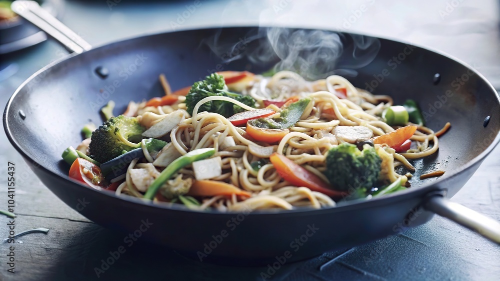 Delicious wok noodles with fresh vegetables sizzling in a frying pan on a stovetop Delicious wok noodles with fresh vegetables sizzling in a frying pan on a stovetop