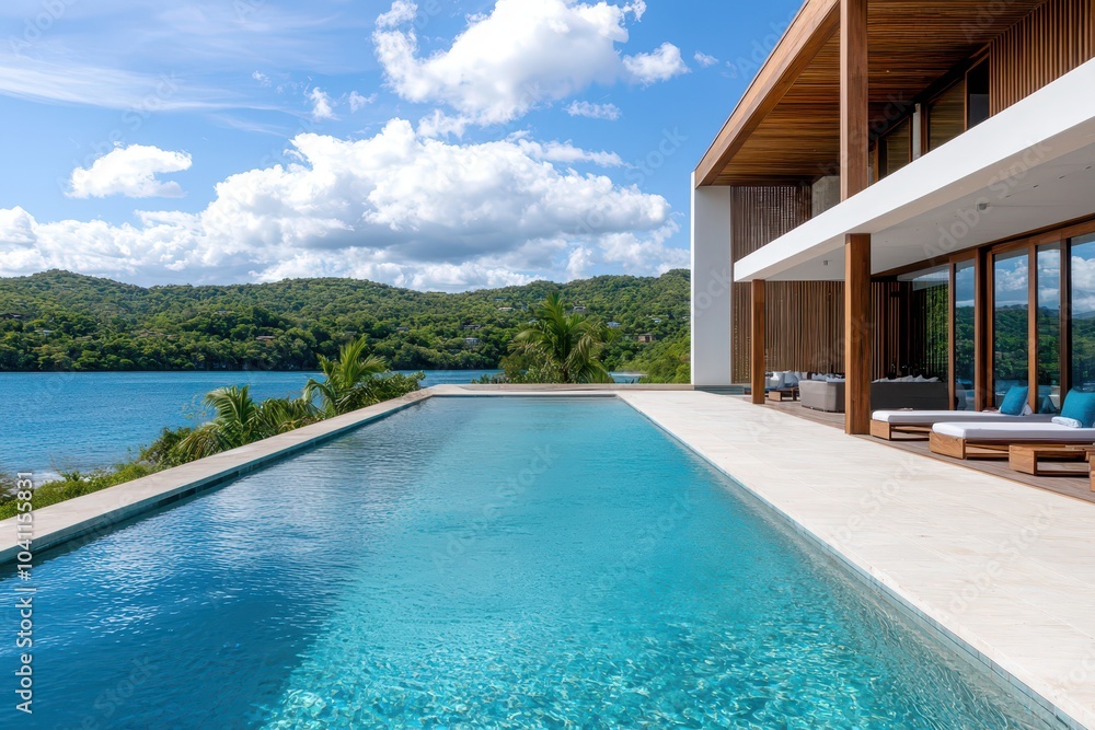 Fototapeta premium Stunning infinity pool with breathtaking views and sleek modern architecture, perfect for a luxurious getaway.
