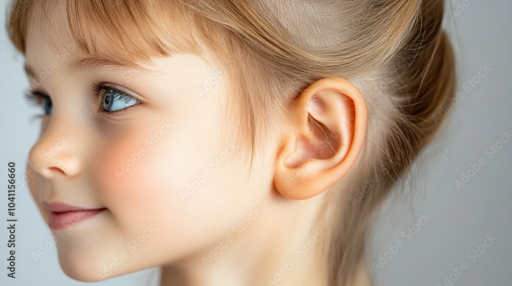 Smiling child with blonde hair, side profile on a light background. Smiling child with blonde hair, side profile on a light background.