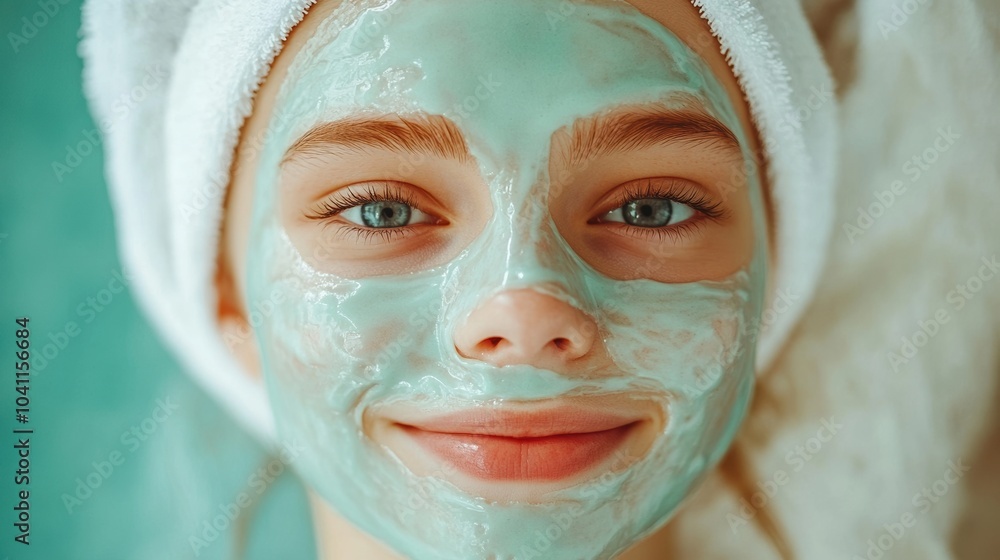 Fototapeta premium Smiling girl with a green facial mask, relaxing in a spa setting.