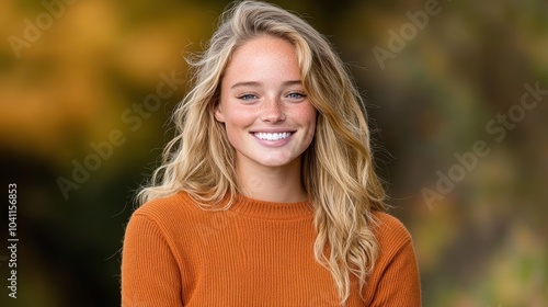 Smiling woman with blonde hair, wearing an orange sweater, outdoors in autumn.