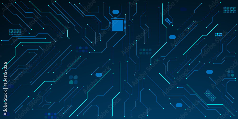 Vector thin circuit trace lines in blue on a dark technology background. Vector thin circuit trace lines in blue on a dark technology background.