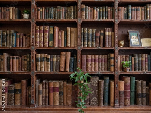 Vintage Photograph of a Classic Bookshelf Filled with Antique Books and Decorative Items - Perfect for Literature Lovers and Home Decor