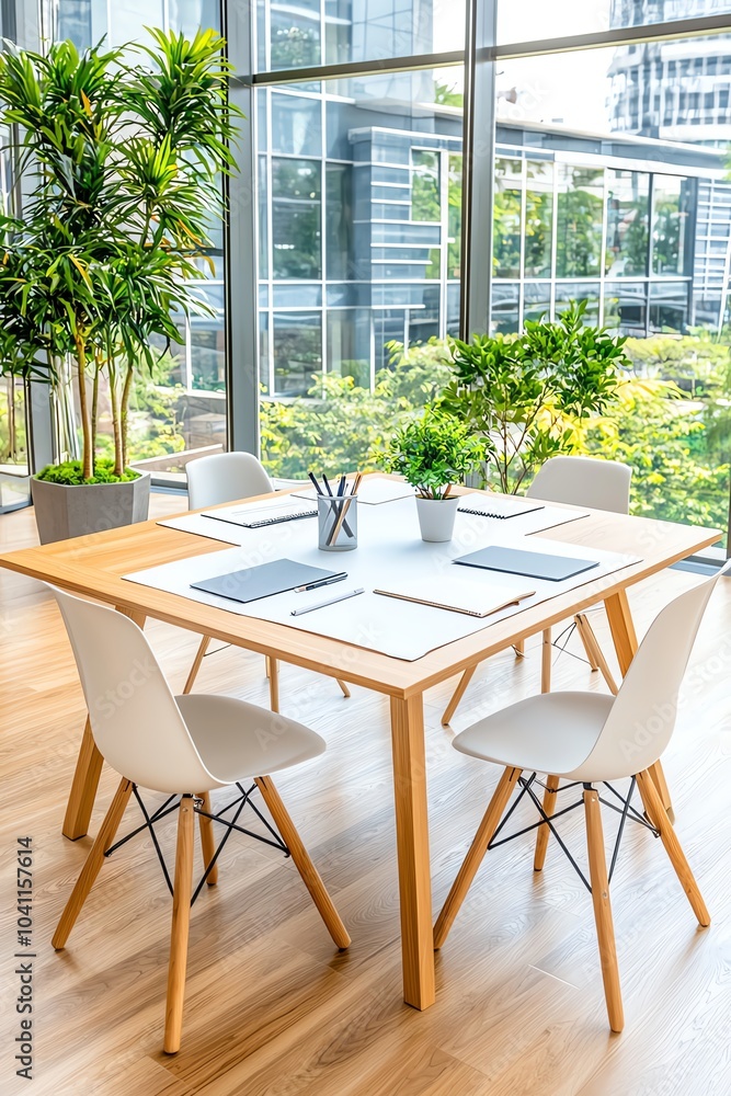 Fototapeta premium Modern office meeting room with a wooden table, white chairs, and greenery, perfect for collaboration or brainstorming sessions.