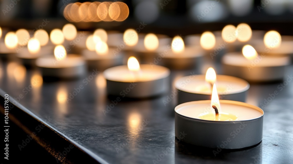 Tea lights glowing softly in a serene setting, creating a peaceful atmosphere. Tea lights glowing softly in a serene setting, creating a peaceful atmosphere.