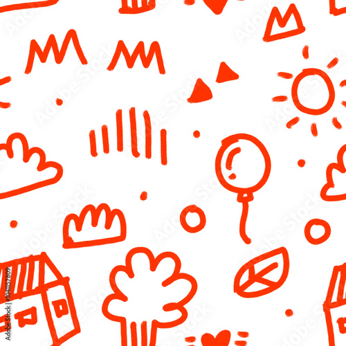 Repeat pattern, house and nature line graphics.

