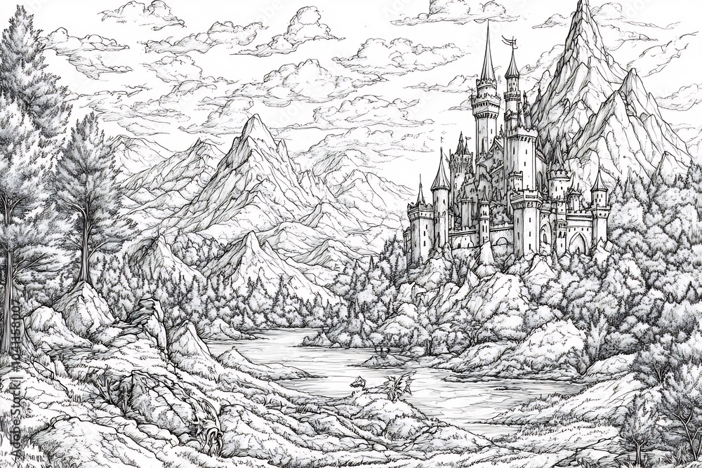 Handdrawn coloring page of a mystical mountain landscape with dragons castles and knights providing an imaginative world for kids and adults to color and enjoy Handdrawn coloring page of a mystical mountain landscape with dragons castles and knights providing an imaginative world for kids and adults to color and enjoy