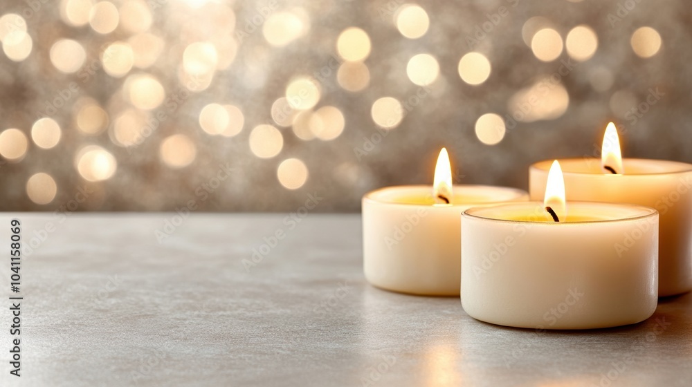 Three lit candles on a surface with a warm bokeh background. Three lit candles on a surface with a warm bokeh background.