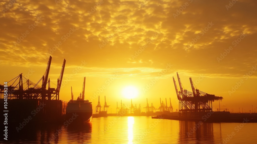 A modern port under the golden glow of sunrise, with cranes and ships outlined against the brightening sky, reflecting the growth of international commerce A modern port under the golden glow of sunrise, with cranes and ships outlined against the brightening sky, reflecting the growth of international commerce
