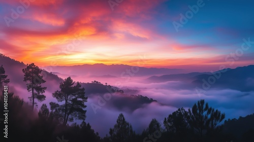 Stunning sunrise over misty mountains and valleys, vibrant colors, serene landscape