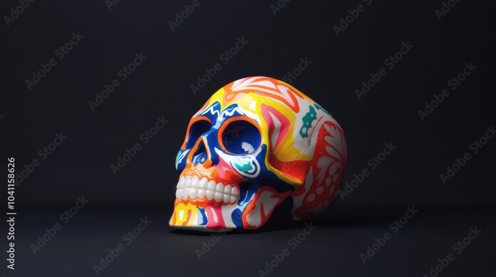 Colorful sugar skull glowing in the dark, neon yellow and orange with detailed patterns Colorful sugar skull glowing in the dark, neon yellow and orange with detailed patterns