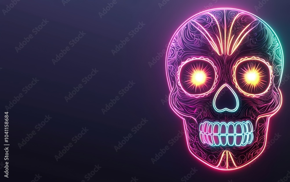 Bright glowing sugar skull with intricate patterns, neon green and magenta hues