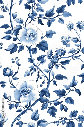 Elegant blue floral pattern featuring intricate flowers and leaves on a crisp white background, perfect for various design projects.