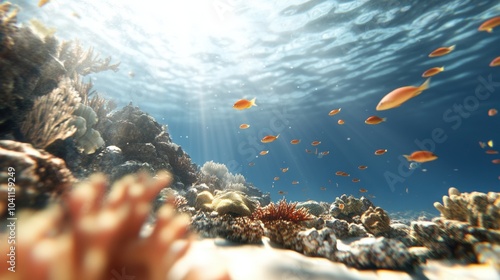 Vibrant underwater scene with coral reef and colorful fish swimming peacefully. photo