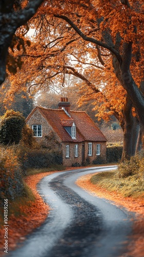 Stone Cottage on a Winding Road with Autumn Leaves Illustration