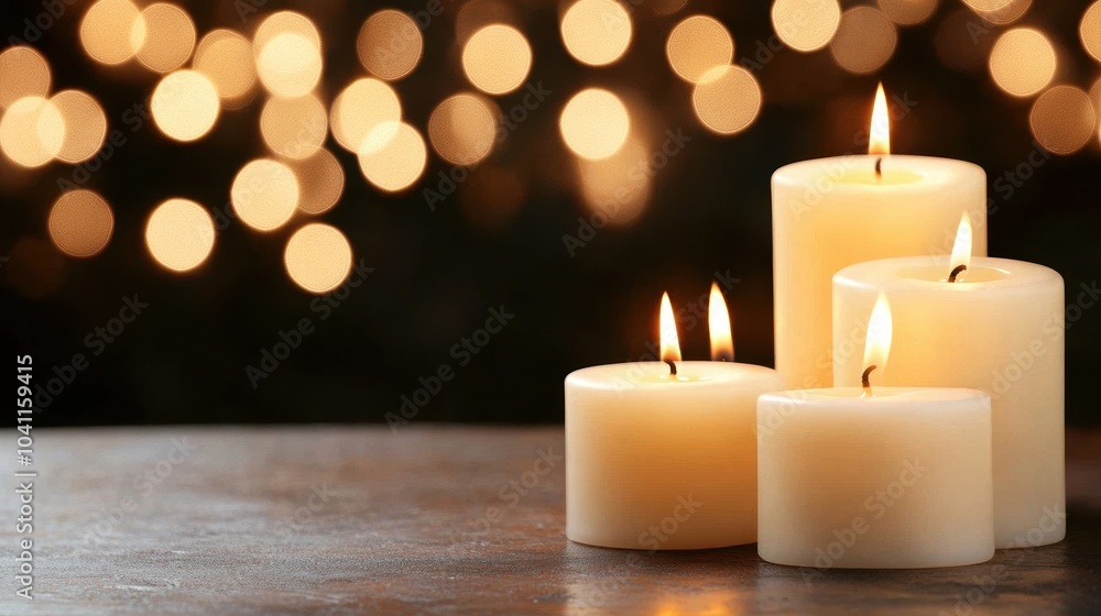 White candles with warm lights in the background, creating a cozy atmosphere. White candles with warm lights in the background, creating a cozy atmosphere.