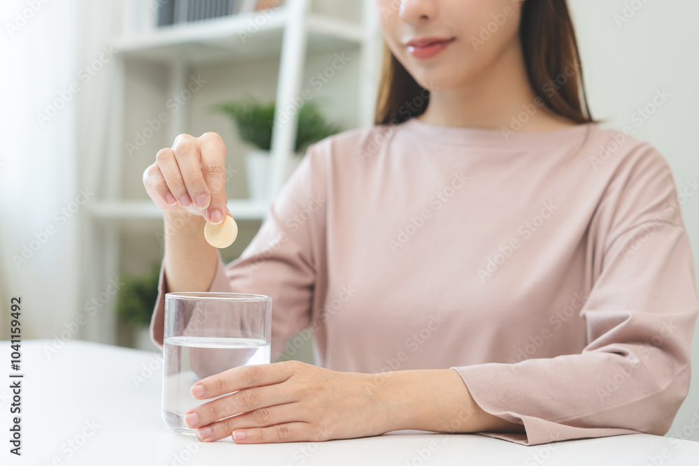 Smile asian young woman putting or dropping effervescent tablet into glass of water, holding pain pill, painkiller medicine, aspirin for treatment, take vitamin c for hangover. Health care concept. Smile asian young woman putting or dropping effervescent tablet into glass of water, holding pain pill, painkiller medicine, aspirin for treatment, take vitamin c for hangover. Health care concept.