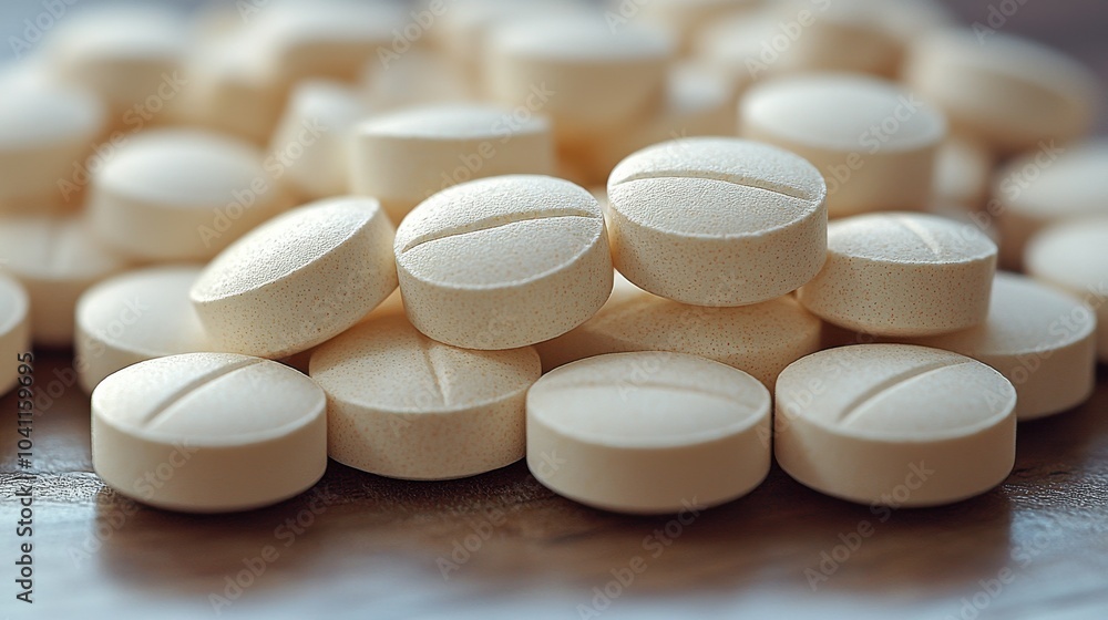 Close-up view of many round beige tablets on a wooden surface, highlighting texture and arrangement in natural lighting