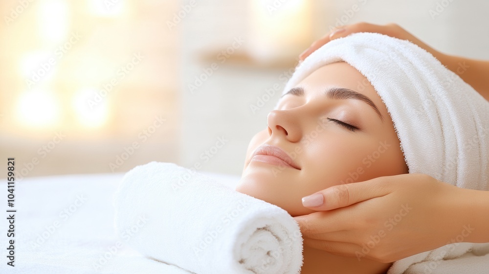 Woman enjoying a relaxing facial treatment in a serene spa setting. Woman enjoying a relaxing facial treatment in a serene spa setting.