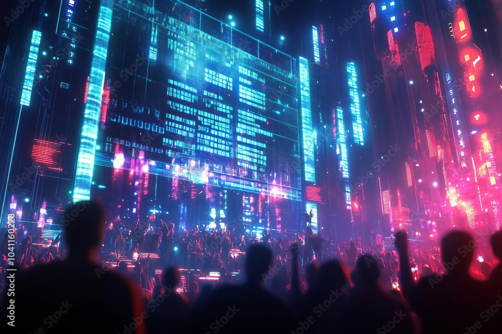 A futuristic New Years party with a holographic calendar flipping to 2025, surrounded by cheering crowds and festive lights A futuristic New Years party with a holographic calendar flipping to 2025, surrounded by cheering crowds and festive lights