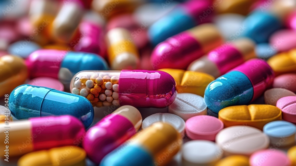 A colorful variety of capsules and tablets scattered on a surface showcasing different shapes and vibrant hues