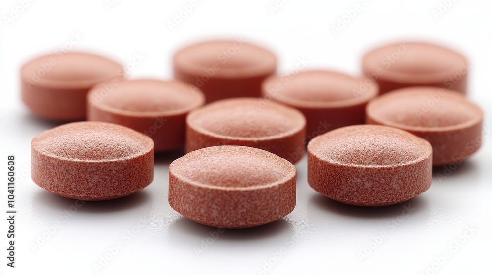 Close-up of brown dietary supplement tablets arranged on a clean surface during bright daylight Close-up of brown dietary supplement tablets arranged on a clean surface during bright daylight