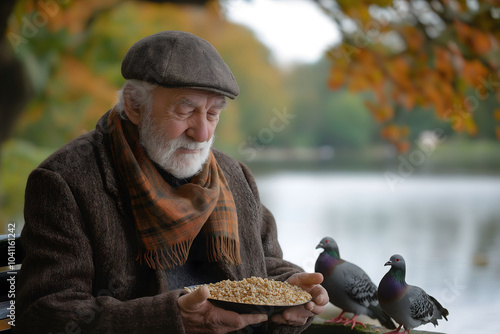 Senior man holding a bowl of birdseed while feeding pigeons in a park on a bench by the lake on an autumn day photo