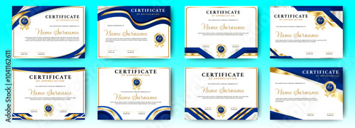 Certificate of appreciation template, gold and blue color. Clean modern certificate with gold badge. Certificate border template with luxury and modern line pattern. Diploma vector template
