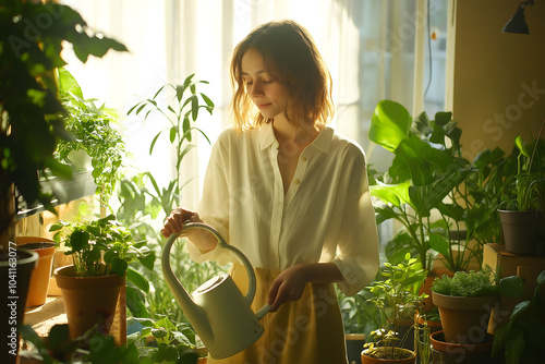 Young woman is watering her plants in her sunny apartment, enjoying her hobby and taking care of her urban jungle
