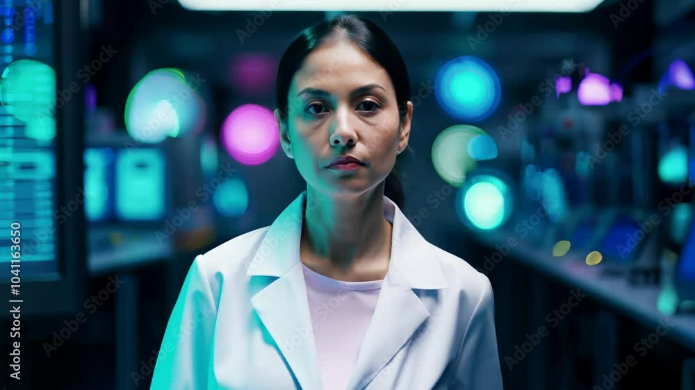 Camera slowly zooms in on asian scientist walking in a high-tech lab, her serious expression highlighted by colorful lighting Camera slowly zooms in on asian scientist walking in a high-tech lab, her serious expression highlighted by colorful lighting