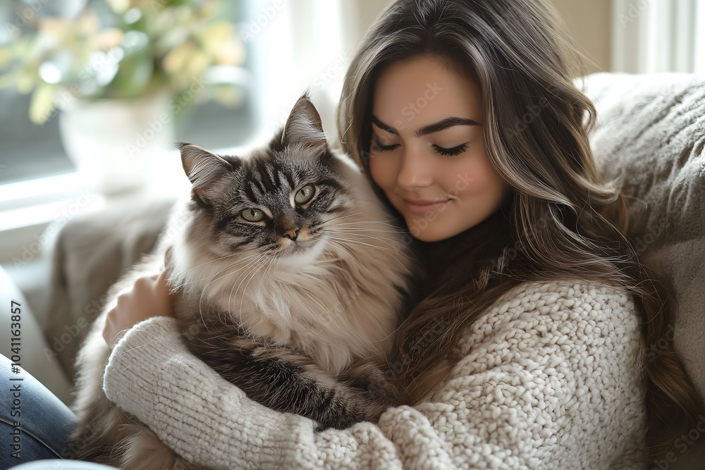Woman relaxing on the sofa with her fluffy cat at home, sharing a moment of love and comfort in a cozy and serene setting Woman relaxing on the sofa with her fluffy cat at home, sharing a moment of love and comfort in a cozy and serene setting